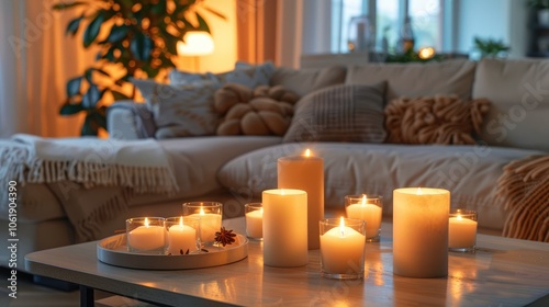 Contemporary living room with chic sofa and lit candles on tabletop