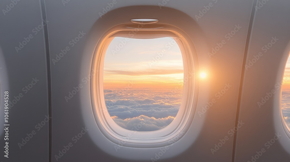 Fototapeta premium Airplane window view of clouds and sunset during golden hour.