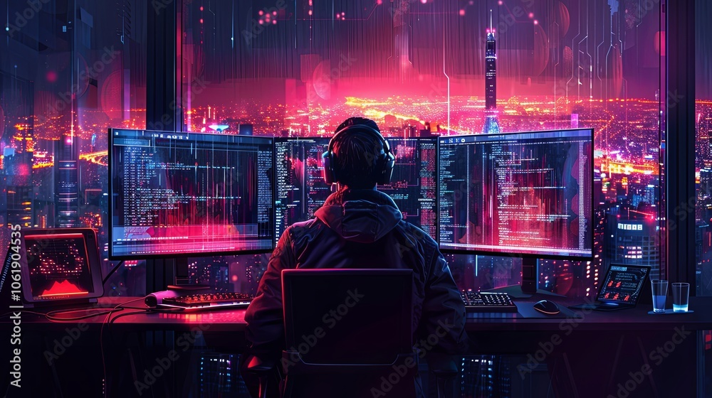 Fototapeta premium A programmer working on code, dual monitors showing complex data and coding scripts, dark room with glowing screens, focused and intense atmosphere
