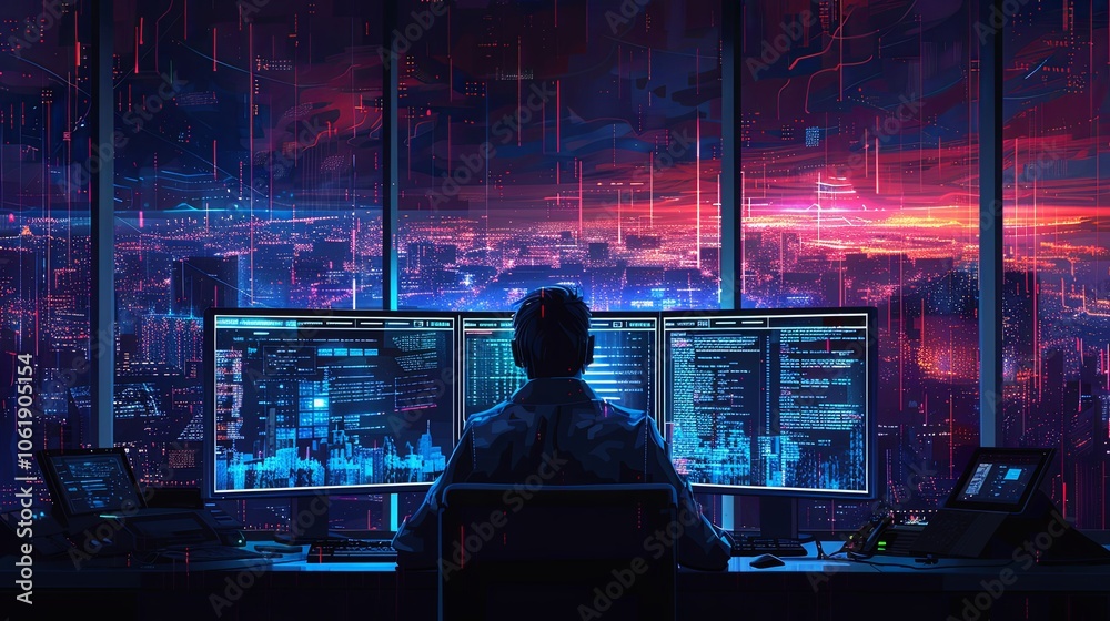 Fototapeta premium A programmer working on code, dual monitors showing complex data and coding scripts, dark room with glowing screens, focused and intense atmosphere