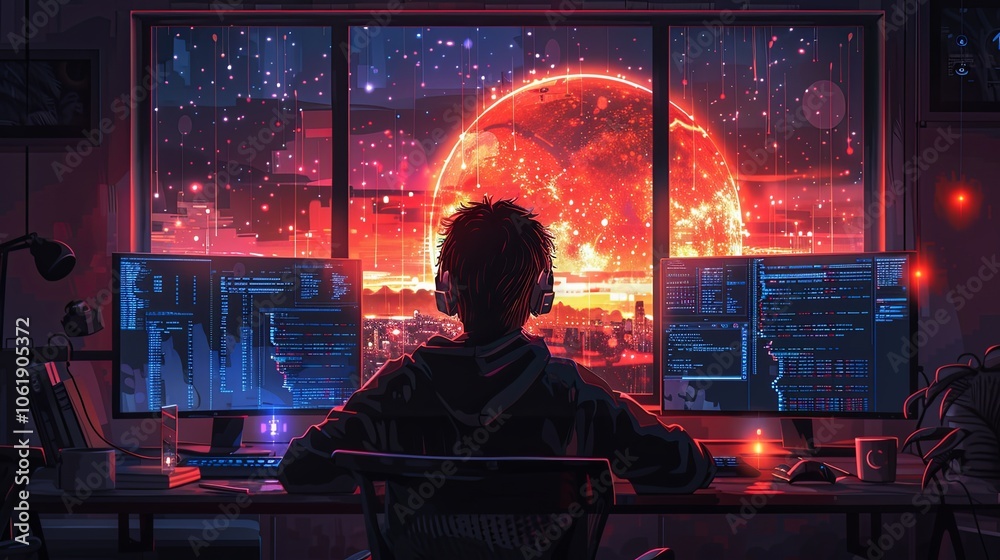 A programmer working on code, dual monitors showing complex data and coding scripts, dark room with glowing screens, focused and intense atmosphere A programmer working on code, dual monitors showing complex data and coding scripts, dark room with glowing screens, focused and intense atmosphere
