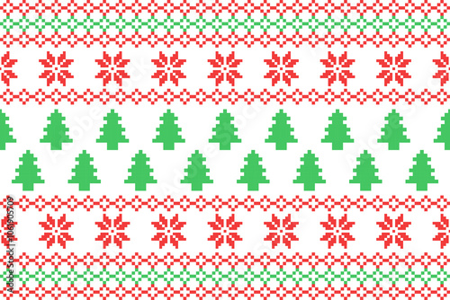 Seamless Christmas Pixel Pattern with Snowflake and Christmas tree.Design Ideal for Holiday Wrapping Paper, Sweaters, Fabric, Home Decor, Crafts, and Digital Projects with a Cozy Retro Style.