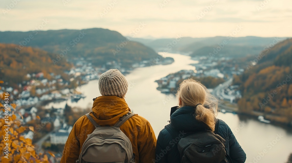 Couple with backpacks enjoying scenic view of river valley and town. Couple with backpacks enjoying scenic view of river valley and town.
