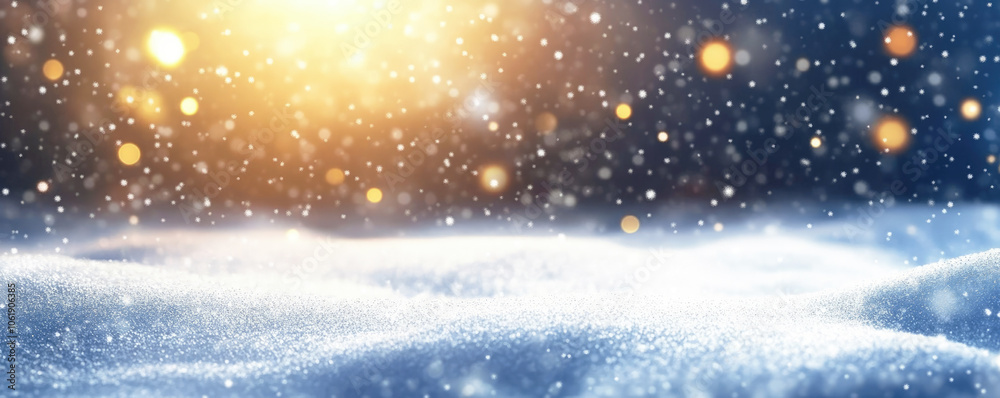 A winter wonderland scene with a snowy landscape, golden bokeh lights, and falling snowflakes, creating a magical and festive atmosphere. Banner, copy space. A winter wonderland scene with a snowy landscape, golden bokeh lights, and falling snowflakes, creating a magical and festive atmosphere. Banner, copy space.