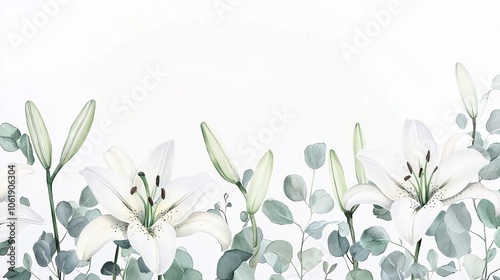 Wallpaper Mural A delicate watercolor illustration featuring white lilies and green eucalyptus leaves against a soft, light background. Torontodigital.ca
