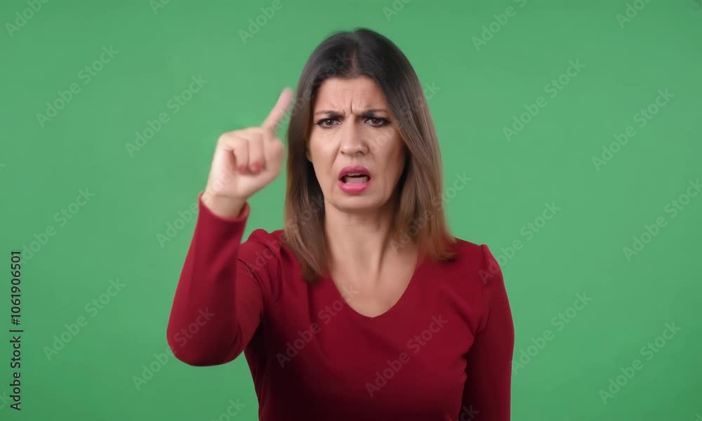 woman doing finger gesture to disagree feeling negative isolated in a green screen background woman doing finger gesture to disagree feeling negative isolated in a green screen background