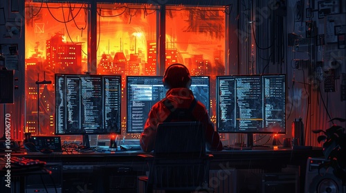 A programmer working on code, dual monitors showing complex data and coding scripts, dark room with glowing screens, focused and intense atmosphere