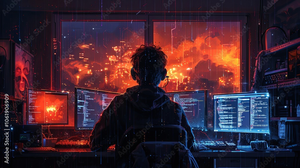 A programmer working on code, dual monitors showing complex data and coding scripts, dark room with glowing screens, focused and intense atmosphere A programmer working on code, dual monitors showing complex data and coding scripts, dark room with glowing screens, focused and intense atmosphere
