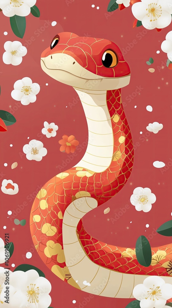 Obraz premium Charming cartoon snake with blossoms on a red background