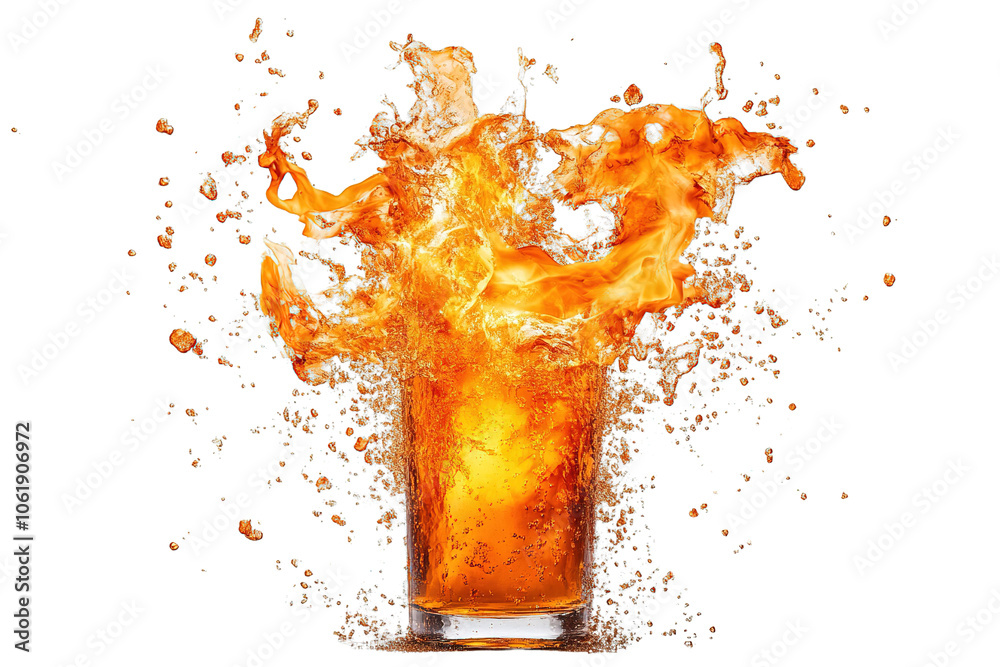 Glass of orange juice is splashing out of a cup, creating a fiery explosion Glass of orange juice is splashing out of a cup, creating a fiery explosion