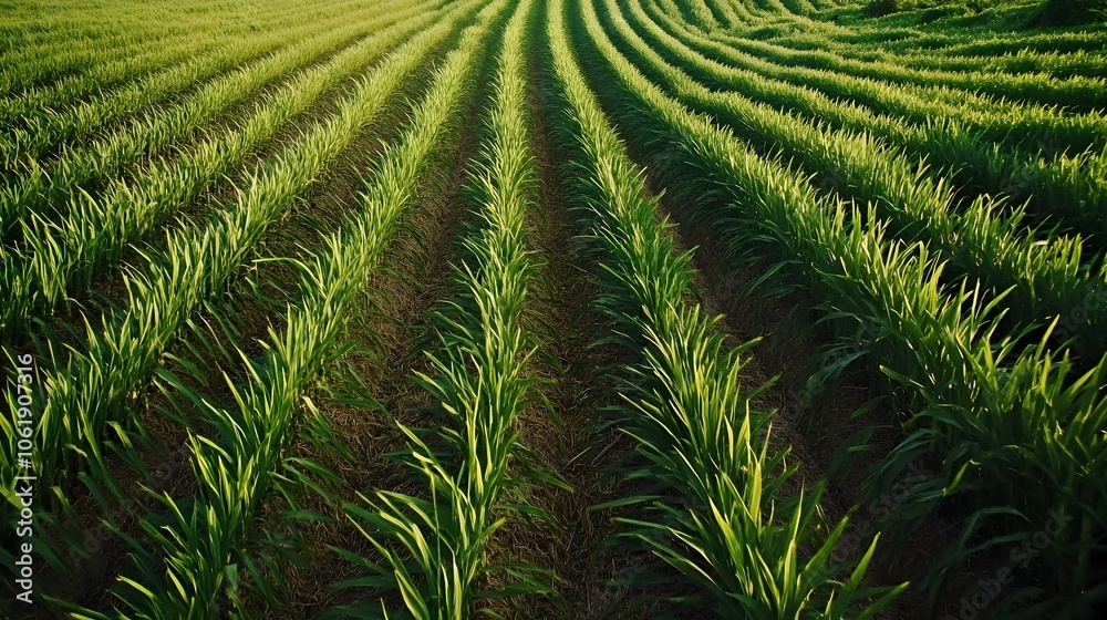 Fototapeta premium Overview of Sugarcane Plantation with Rows of Green Stalks