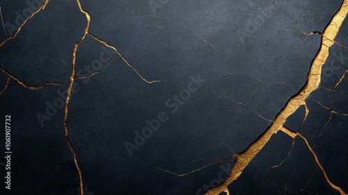 Close-up of a Black Surface with Golden Cracks