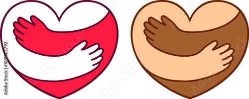 Heart shape with hugging arms, simple  logo design. Red and white color, diverse skin tone hands. Hand drawn vector illustration.