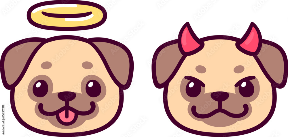 Obraz premium Angel and devil pug dog face, cute cartoon drawing. Simple kawaii doodle style illustration.