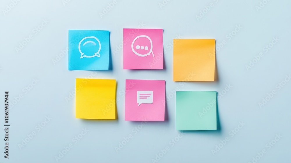 Colorful sticky notes with chat icons on a light blue background Colorful sticky notes with chat icons on a light blue background