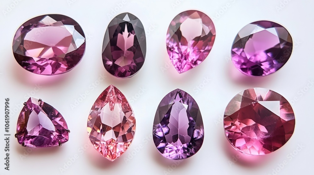 Set of colorful spinel gems with glossy facets in an array of shapes on a white background Set of colorful spinel gems with glossy facets in an array of shapes on a white background