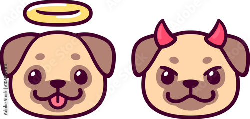 Angel and devil pug dog face, cute cartoon drawing. Simple kawaii doodle style illustration.