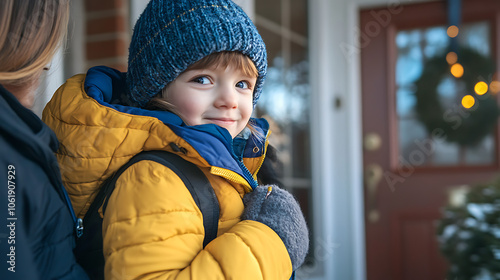 Mom helping her child put on a jacket at the door, preparing them for a chilly school morning  photo