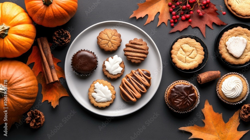 Autumnal Treats on a Black Background with Pumpkins, Leaves, and Pinecones Autumnal Treats on a Black Background with Pumpkins, Leaves, and Pinecones