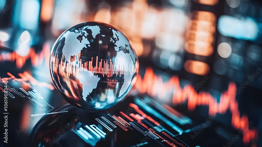 Fototapeta premium Futuristic Digital Map with Glass Globe and Financial Metrics Overlay