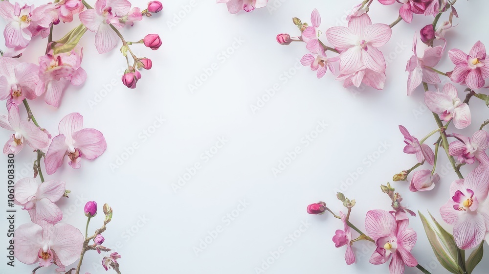 A delicate arrangement of pink orchid flowers framing a clean white background, creating a serene and elegant aesthetic.