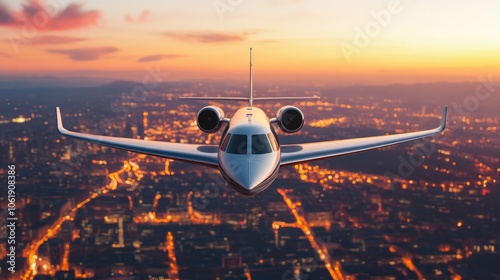 Private jet soaring over cityscape at sunset.