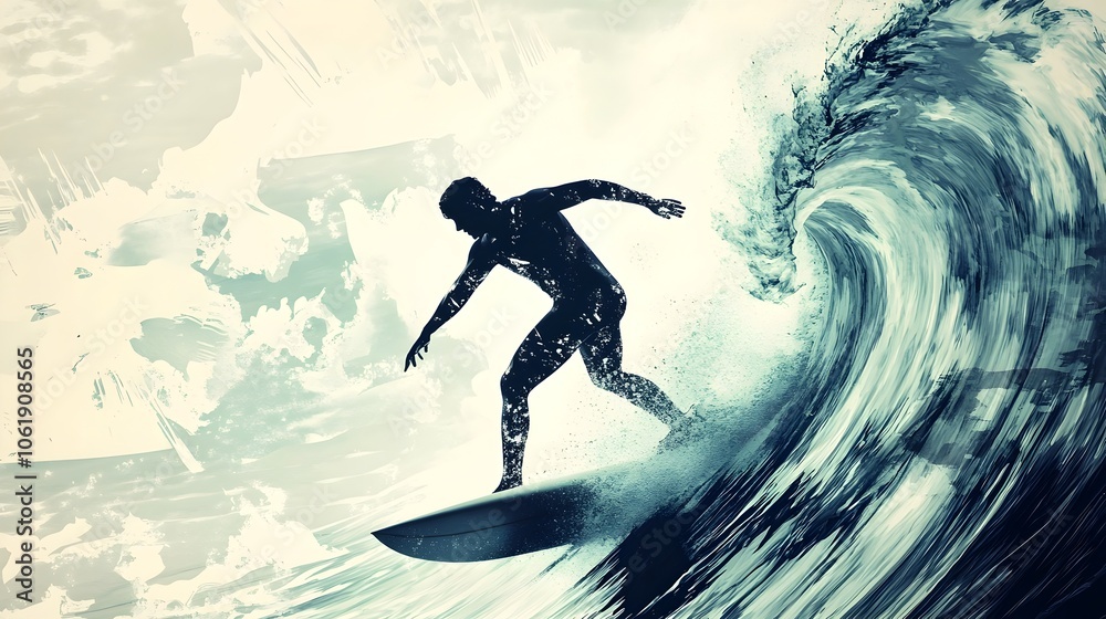 Silhouetted Surfer Riding Powerful Ocean Wave in Hand-Drawn Style Silhouetted Surfer Riding Powerful Ocean Wave in Hand-Drawn Style