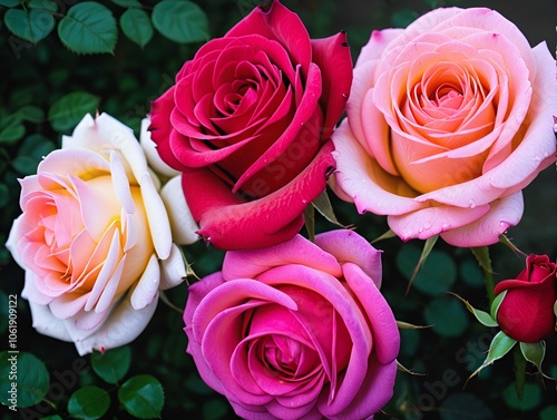 a cluster of five roses in full bloom, surrounded by dark green leaves. The roses are of different colors: one is a creamy white with hints of yellow, another is a deep red, one is a soft pink, anothe photo