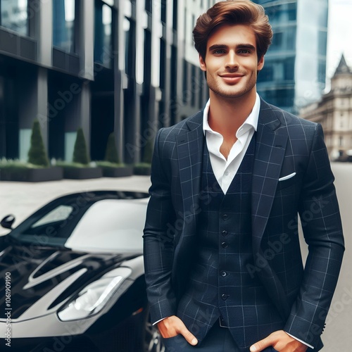 Handsome young man in elegant suit standing on city street in front of his luxury black sports car, smiling at camera. Rich and wealthy guy lifestyle, successful businessman, confident entrepreneur.