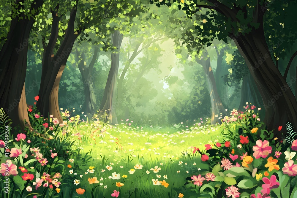 Obraz premium Enchanted Forest Glade with Sunbeams and Flowers