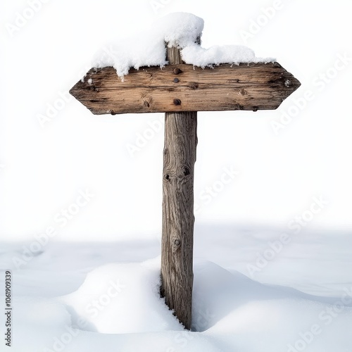 Snow-Covered Wooden Signpost in Winter Landscape photo