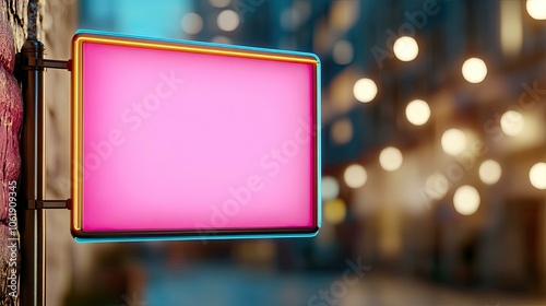 Pink Neon Sign with Blue and Orange Outline Mounted on Brick Wall with Blurred Background of Bokeh Lights