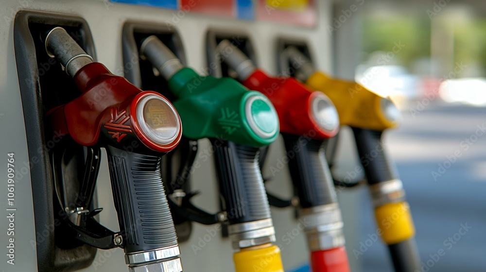 Close-up of colorful fuel pump nozzles at a gas station, in a row with different colors indicating various types of fuel. The background is blurred Close-up of colorful fuel pump nozzles at a gas station, in a row with different colors indicating various types of fuel. The background is blurred
