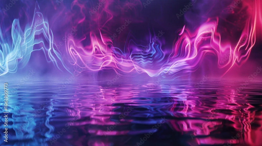 Bright neon effect energy waves on water on dark abstract background Bright neon effect energy waves on water on dark abstract background