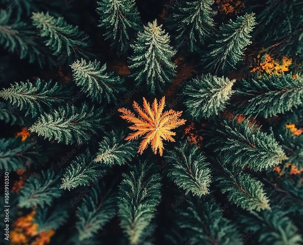 Aerial view of evergreen trees in the forest with one tree turning orange in the center. Aerial view of evergreen trees in the forest with one tree turning orange in the center.