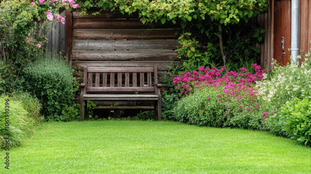 Serene Garden Bench Surrounded by Vibrant Flowers Serene Garden Bench Surrounded by Vibrant Flowers