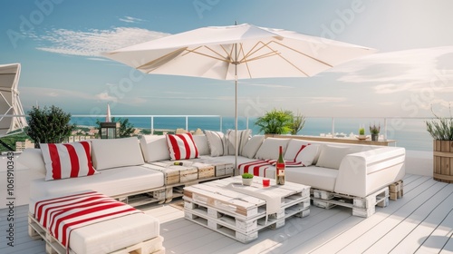 Terrace on the roof of the house with white umbrellas on the sea background