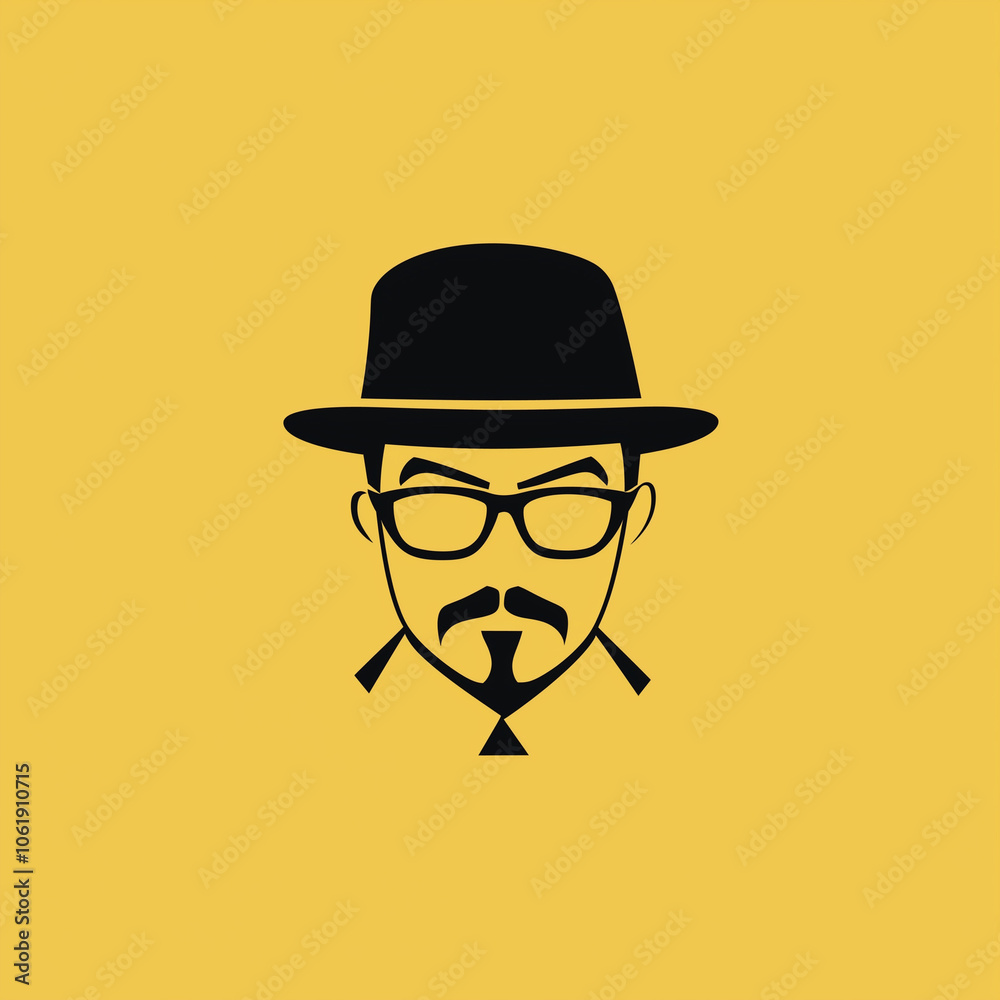 A minimalistic design featuring only the iconic black hat, glasses, and goatee set against a yellow background.
