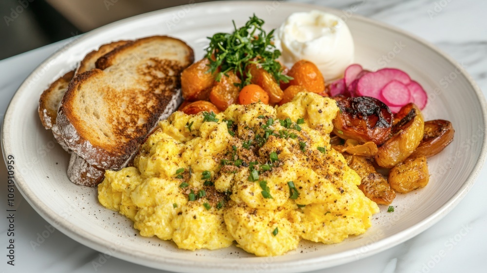 Delicious Breakfast with Scrambled Eggs and Sides Delicious Breakfast with Scrambled Eggs and Sides