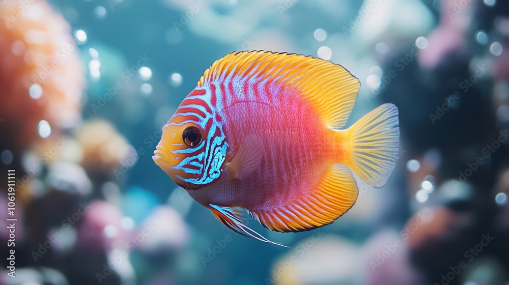 A vibrant discus fish with orange, red, and blue markings swims in a tank with a colorful background. A vibrant discus fish with orange, red, and blue markings swims in a tank with a colorful background.