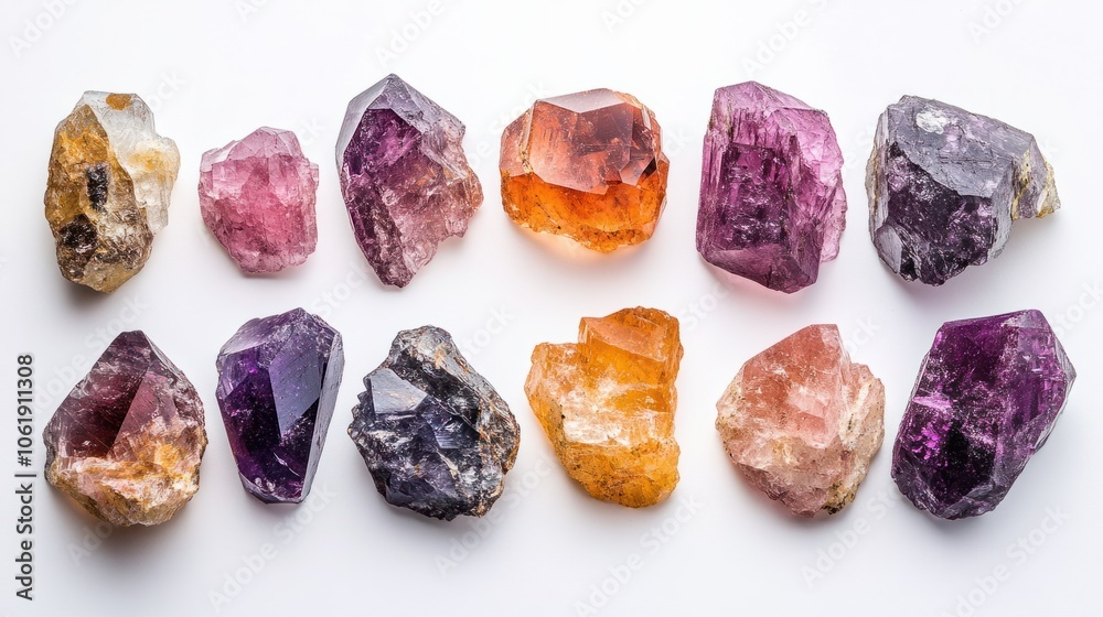 Set of faceted spinel gemstones in various vibrant hues arranged on white background Set of faceted spinel gemstones in various vibrant hues arranged on white background