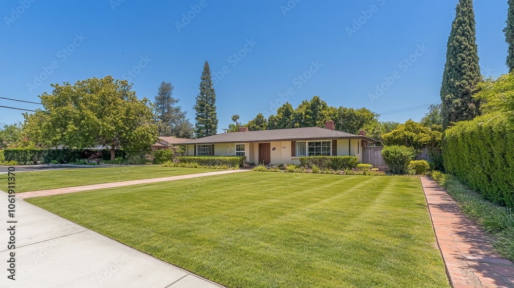 Charming Suburban House with Neat Lawn and Clear Sky