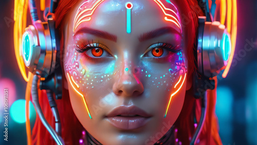 red haired red rainbow colourful cyborg woman looking at camera with glowing blue eyes, iridescent mist, fluorescent neon lights glowing, chromatic epic illumination, science fiction, fantasy photo