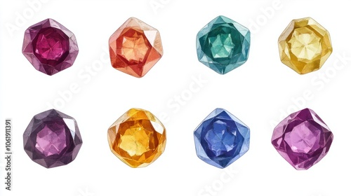 Set of faceted spinel stones in an array of colors, isolated on white background