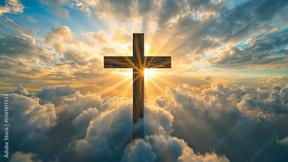 A wooden cross stands tall against a backdrop of fluffy clouds and a bright sun