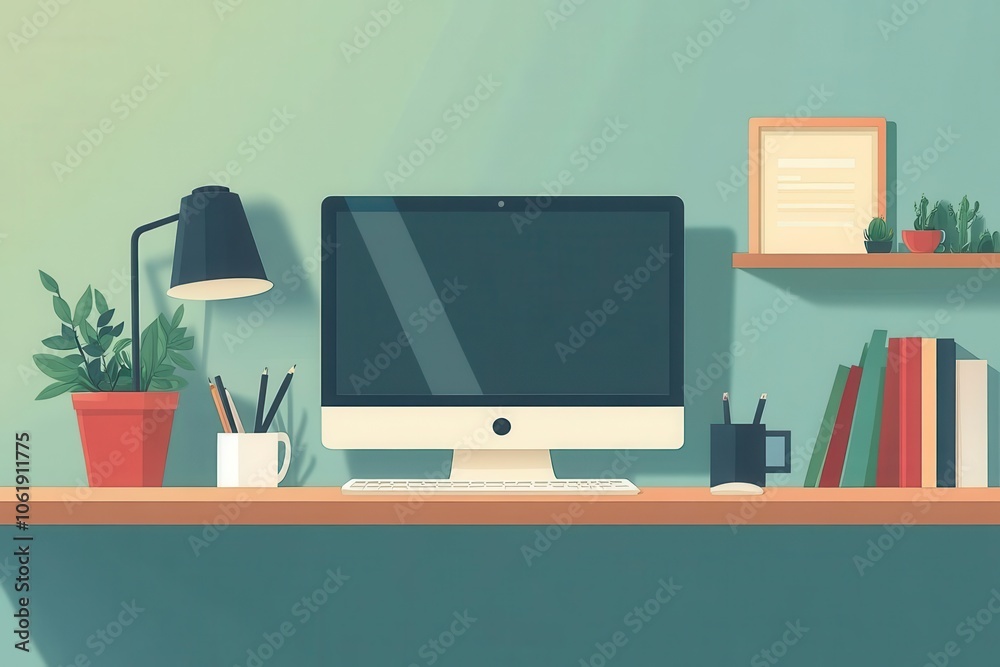 A minimalist workspace featuring a computer, lamp, plants, books, and stationery, set against a soothing blue-green wall. A minimalist workspace featuring a computer, lamp, plants, books, and stationery, set against a soothing blue-green wall.
