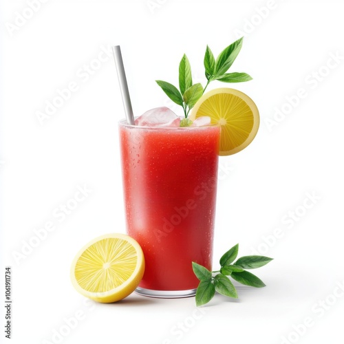 A refreshing pink drink garnished with lemon slices and mint leaves, served in a tall glass with ice and a straw.