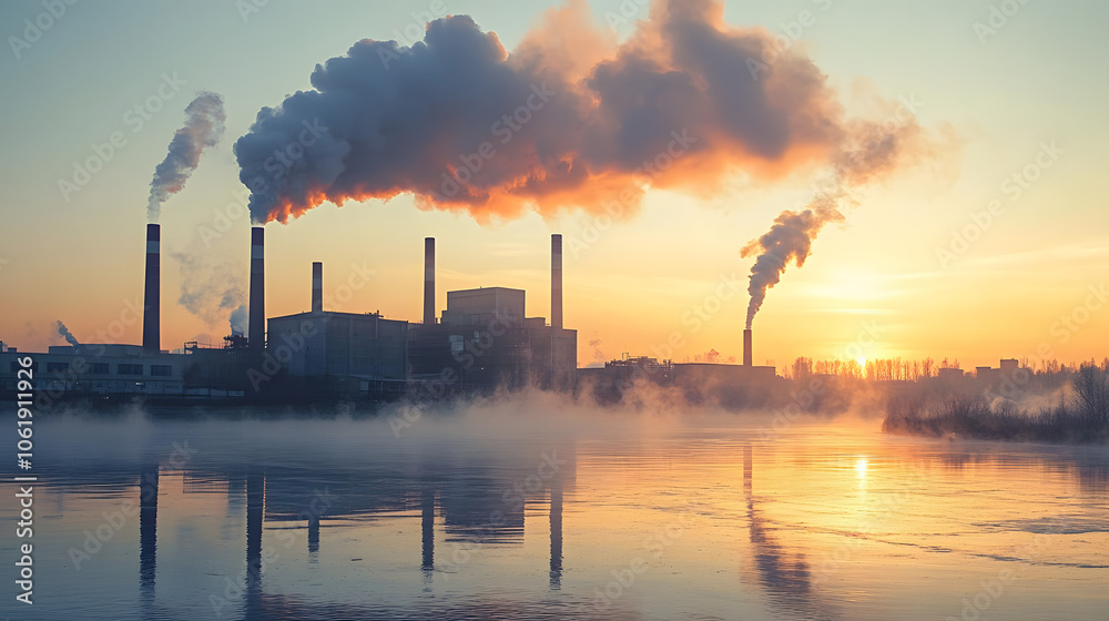 Factory releasing toxic smoke from large chimneys and spilling polluted water into a nearby river Stock Photo with side copy space Factory releasing toxic smoke from large chimneys and spilling polluted water into a nearby river Stock Photo with side copy space