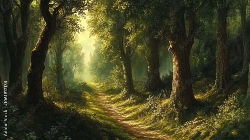 Naklejka premium Sunlit Path Through Enchanted Forest