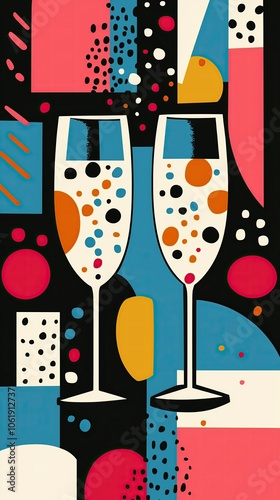 Colorful geometric art with champagne glasses - modern abstract design